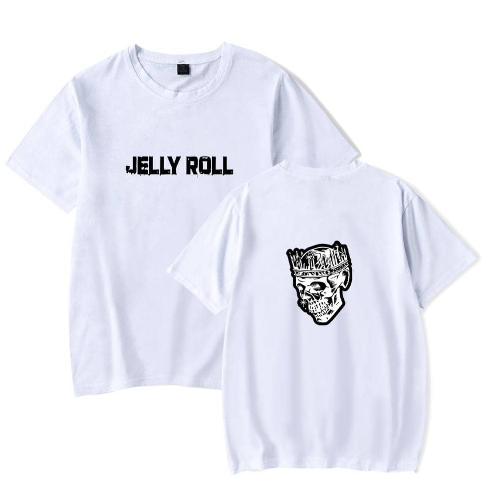 Jelly Roll text graphic on a white t-shirt with a skull wearing a crown design, trendy and edgy Justin Bieber swag merch.