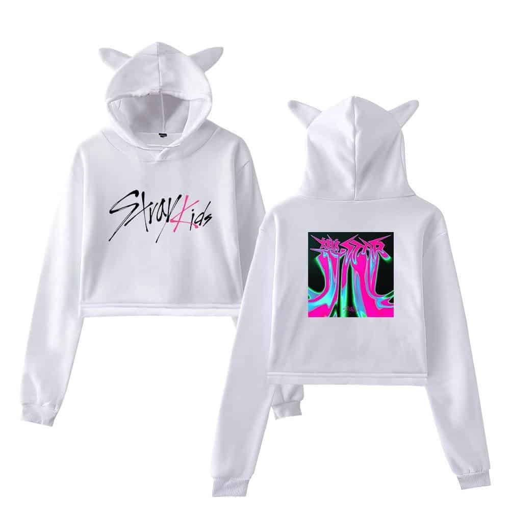 Stylish white hoodie and sweatpants set inspired by Justin Bieber, featuring "Stay Kids" text and vibrant, colorful graphic on the back, perfect for fans of celebrity swag merch.