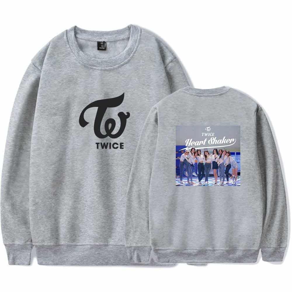 TWICE sweatshirt with "Heart Shaker" group photo design, featuring the girl group TWICE in a casual stylish look, perfect for K-pop fans and merchandise collectors.