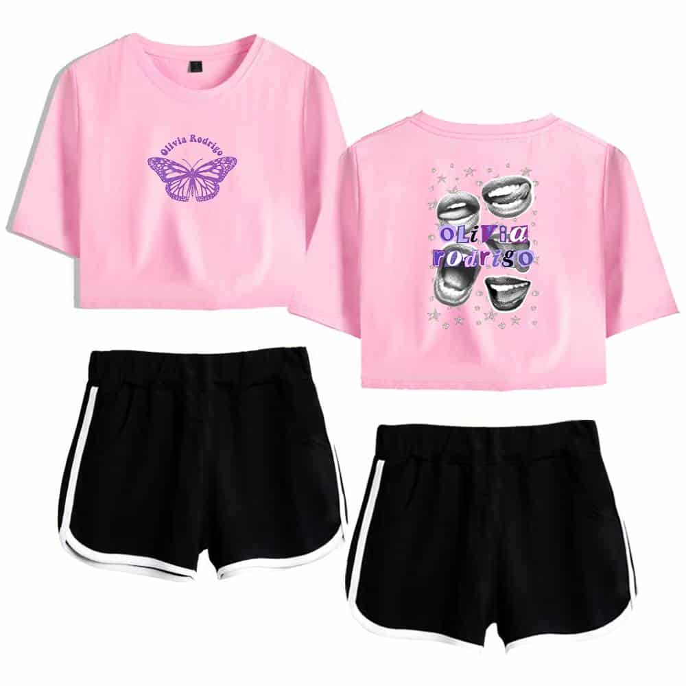 Butterfly graphic pink t-shirt with Olivia Rodrigo text, youth casual style, trendy swag merch, edgy streetwear, colorful prints, oversized fit, celebrity-inspired fashion.