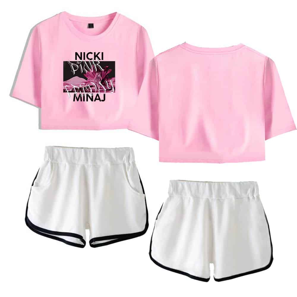 Nicki Minaj pink graphic crop top and athletic shorts set, trendy stylish swag merch for fans.