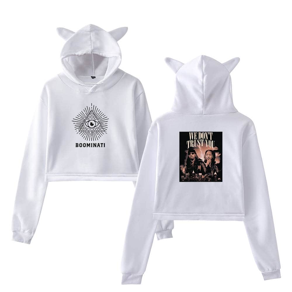Eye-themed hoodie with "BOOMINATI" text on front, featuring an all-seeing eye design, with matching pants. The back displays "WE DON'T TRUST YOU" along with images of two artists, perfect for Justin Bieber swag merch fans.