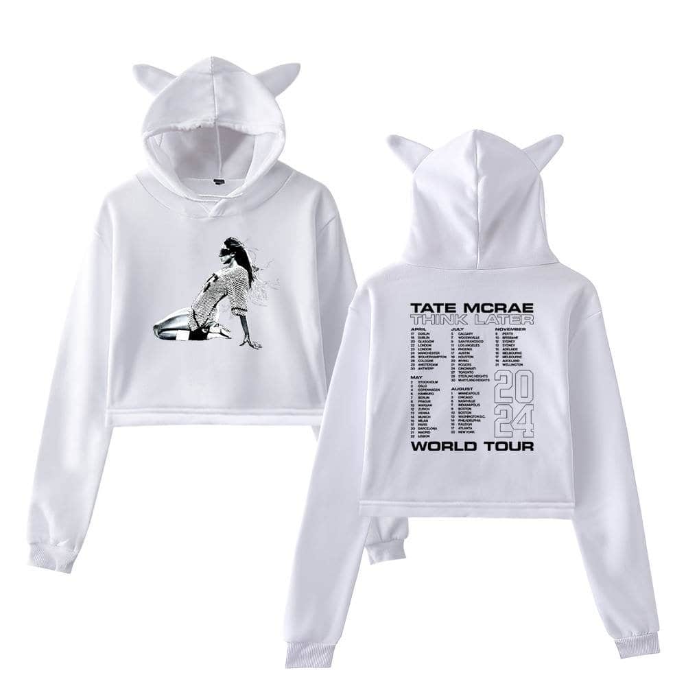 Dreamy white hoodie with a graphic of a woman on the front and "Tate McRae Think Later" tour details on the back, perfect for fans of Justin Bieber swag merch.