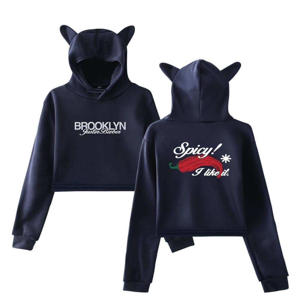 Justin Bieber swag merch hoodie set with bear ears, featuring Brooklyn and spicy chili pepper designs. Perfect for fans who love trendy and playful streetwear inspired by Justin Bieber's style.