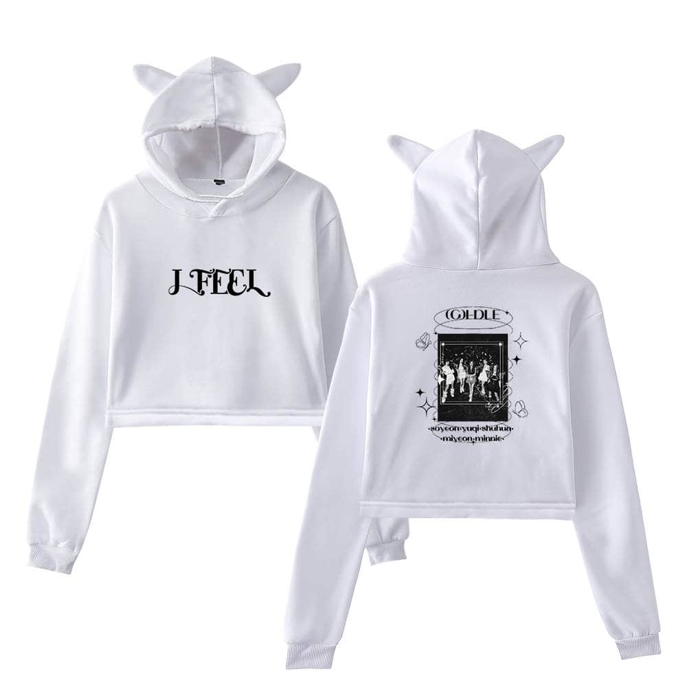 Juvenile white hoodie set with playful unicorn horn and ears, featuring "J FEEL" and "GOLDIE" graphic designs, perfect for fans seeking trendy Justin Bieber swag merch.