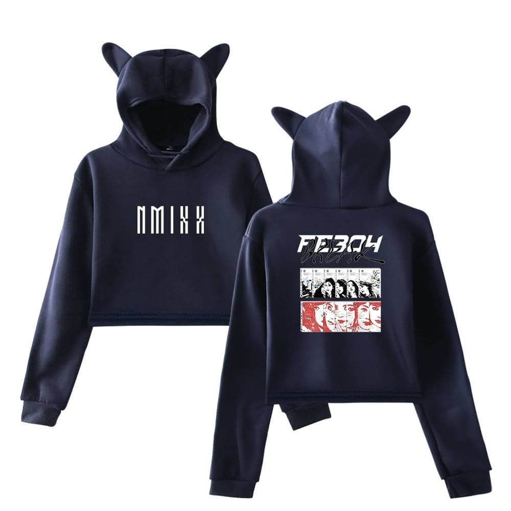 Black hoodie set with "NMIX" text on front and group photo print on the back, featuring cat ear hood design for a trendy, stylish look. Perfect for fans of Justin Bieber swag merch.