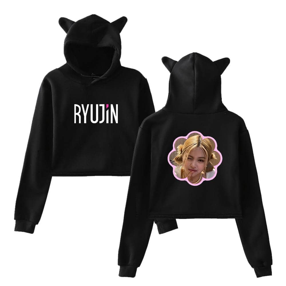 RYUJIN black hoodie with cat ears, featuring her name on the front. The back showcases a cute image of her with playful hair buns and a pink border, perfect for fans of swag merch.
