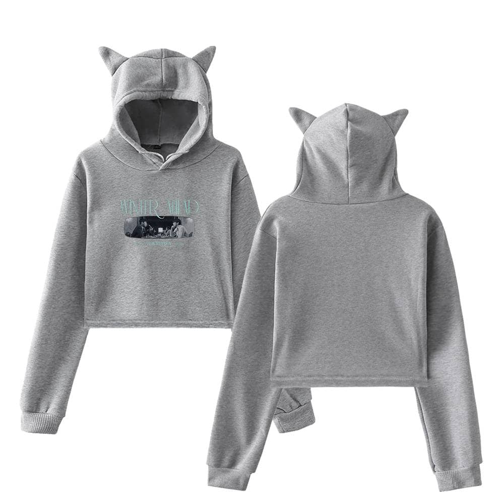 Grey hoodie with cat ears and a graphic print, casual streetwear style, perfect for fans of Justin Bieber swag merch.