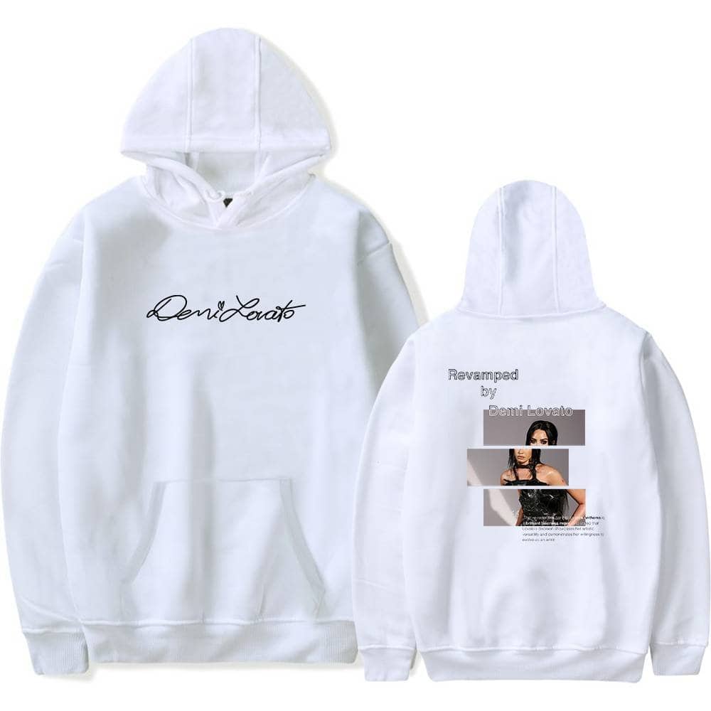 White hoodie with Demi Lovato logo and photo, trendy swag merchandise.