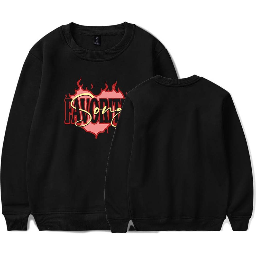 Faux Justin Bieber swag-inspired sweatshirt with bold graphic design and fiery elements, perfect for showcasing trendy music artist fashion style.