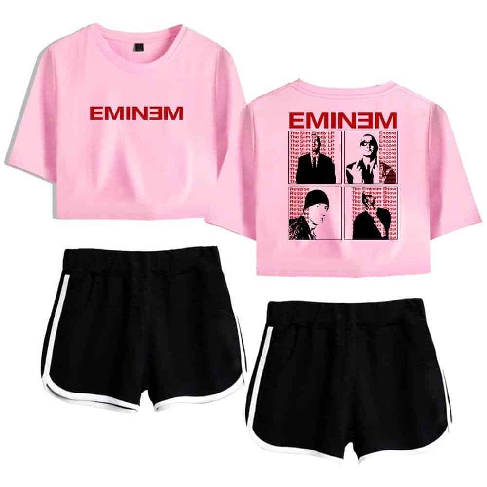 Eminem pink crop top and black shorts set, featuring bold graphic design and logo, perfect for Justin Bieber swag merch style.