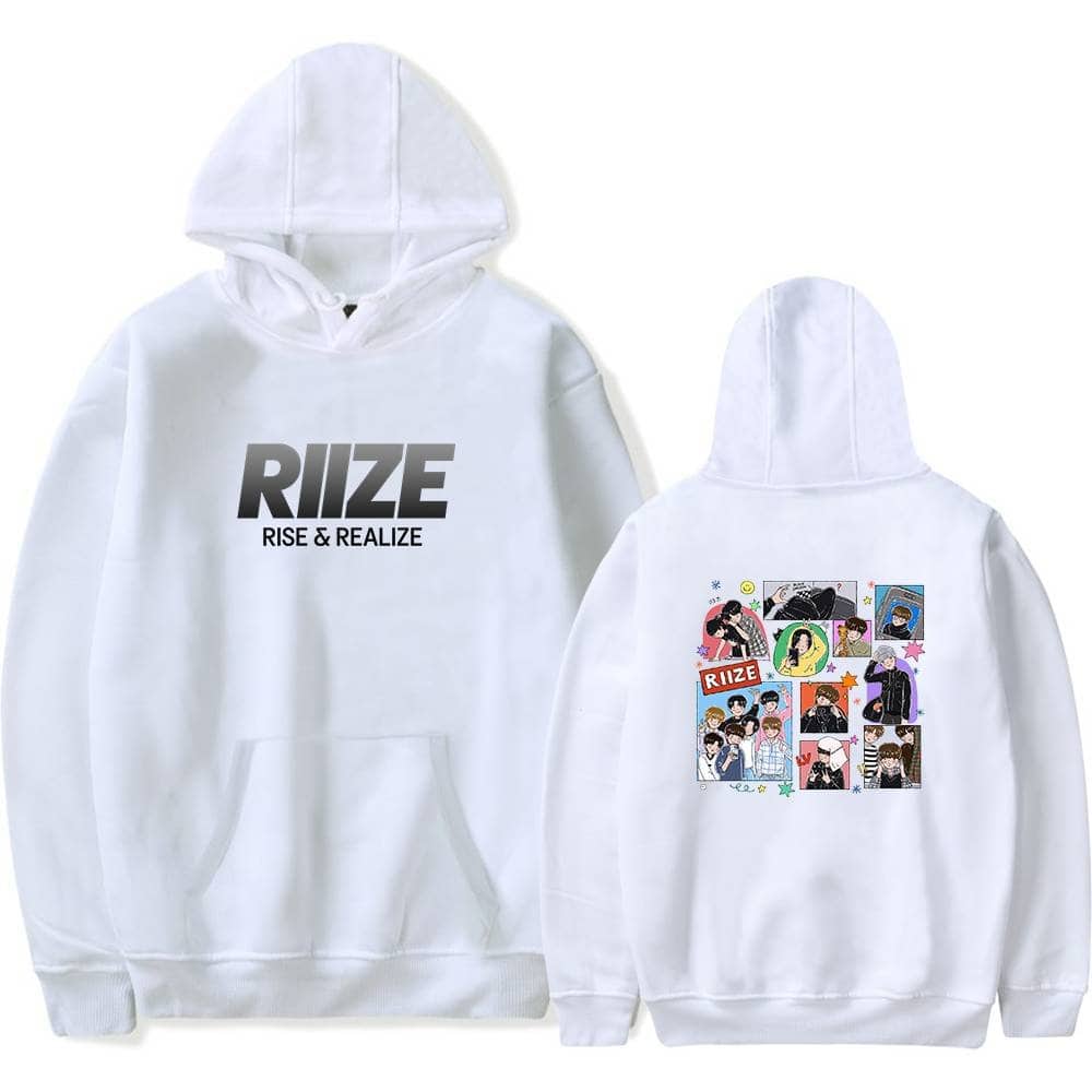 Riize hoodie sweatshirt featuring "RIIZE RISE & REALIZE" text and colorful character illustrations, perfect for Justin Bieber swag merch fans.