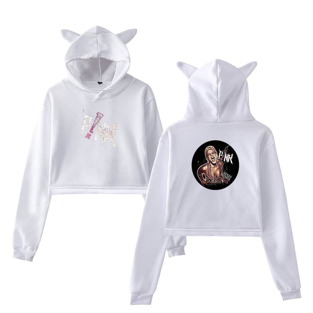 Pink and white 'ONE WOMAN' hoodie with a unicorn horn hood and graphic back print, inspired by Justin Bieber swag merch. Perfect for stylish casual wear with a playful, edgy vibe.