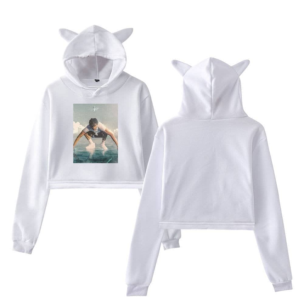 Justin Bieber swag hoodie with cute animal ears and a graphic print featuring a photo of the singer in a casual pose, perfect for fans who want stylish streetwear.