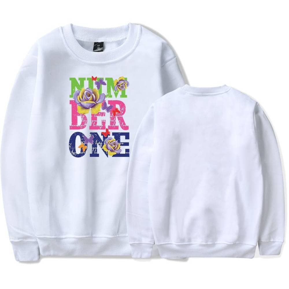 Colorful Justin Bieber swag themed sweatshirt with floral and butterfly designs.