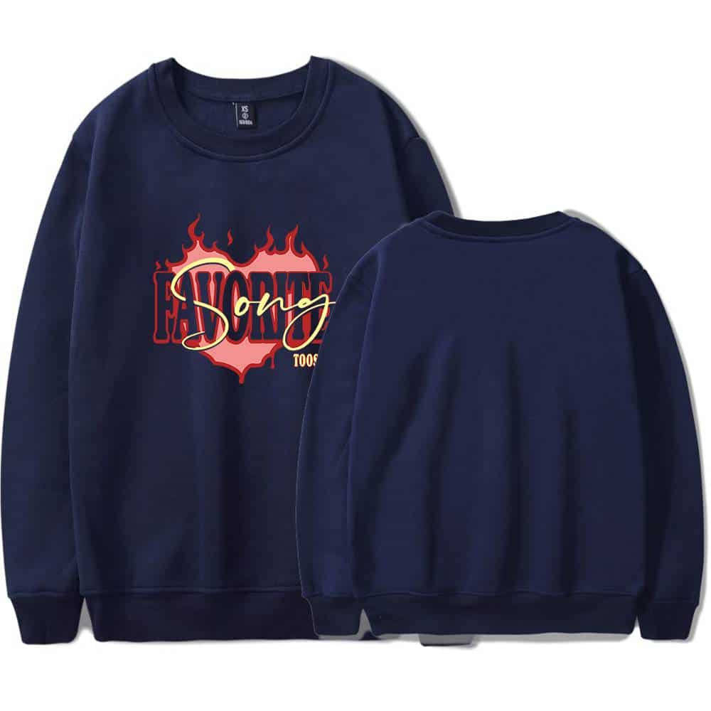 Fire flame graphic with bold text design sweatshirt, inspired by Justin Bieber swag merchandise, in navy blue with contrasting yellow script.