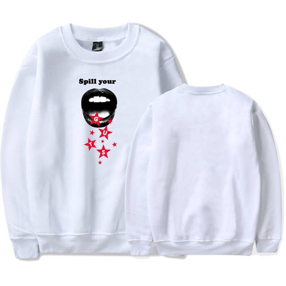 Glow-in-the-dark graphic sweatshirt with "Spill your guts" slogan and star design, perfect for Justin Bieber swag merch fans.