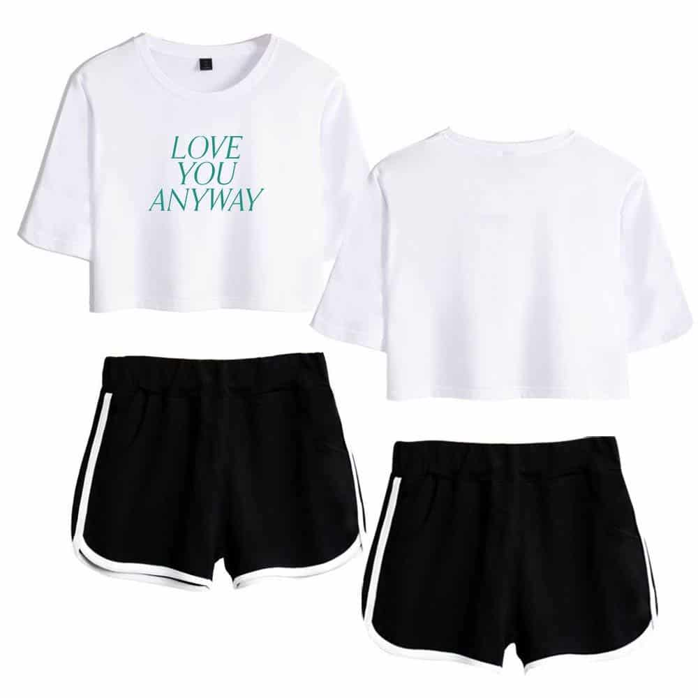 Love you anyway graphic crop top, casual swag hoodie, and sporty shorts inspired by Justin Bieber's merch style.