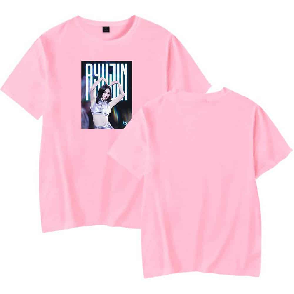 Pink Justin Bieber swag merchandise t-shirt featuring an image of a female performer performing on stage.