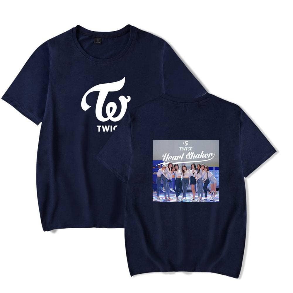 Justin Bieber swag merch graphic T-shirts featuring the stylish TWICE Heart Shaker design, perfect for K-pop and pop music fans. These navy blue tees showcase iconic logos and album artwork for a trendy, music-inspired look.