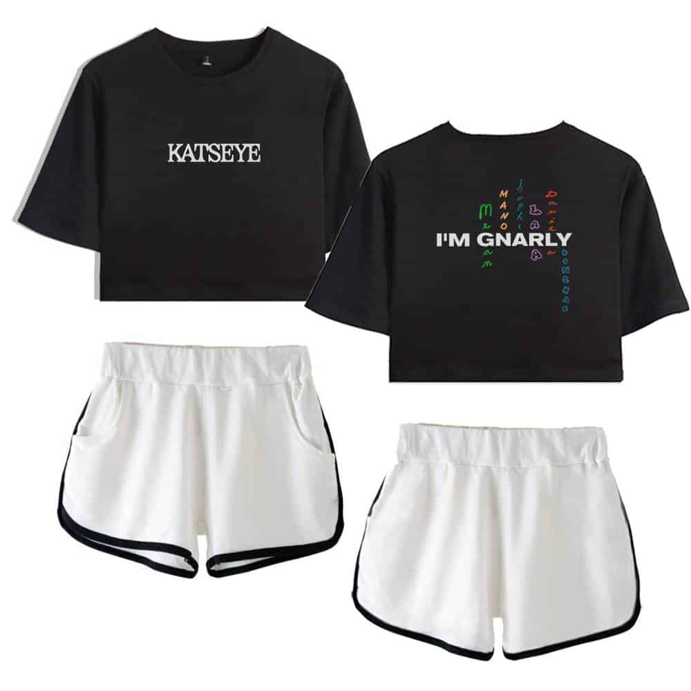 Black cropped sweatshirt with "KATSEYE" text and colorful "I'M GNA RLY" graphic design layered with shorts featuring black trim.