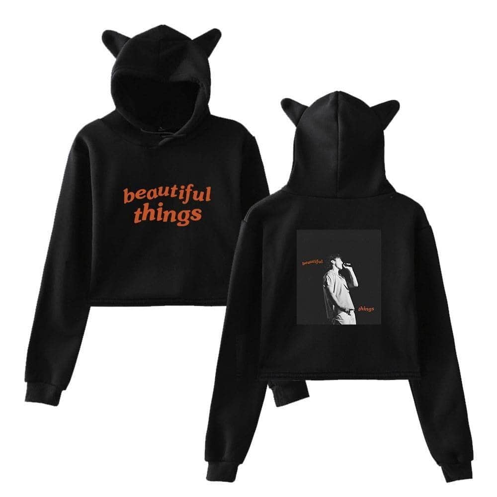 Justin Bieber swag merch hoodie with cute animal ears and bold "beautiful things" text design on front, stylish and comfortable for fans.