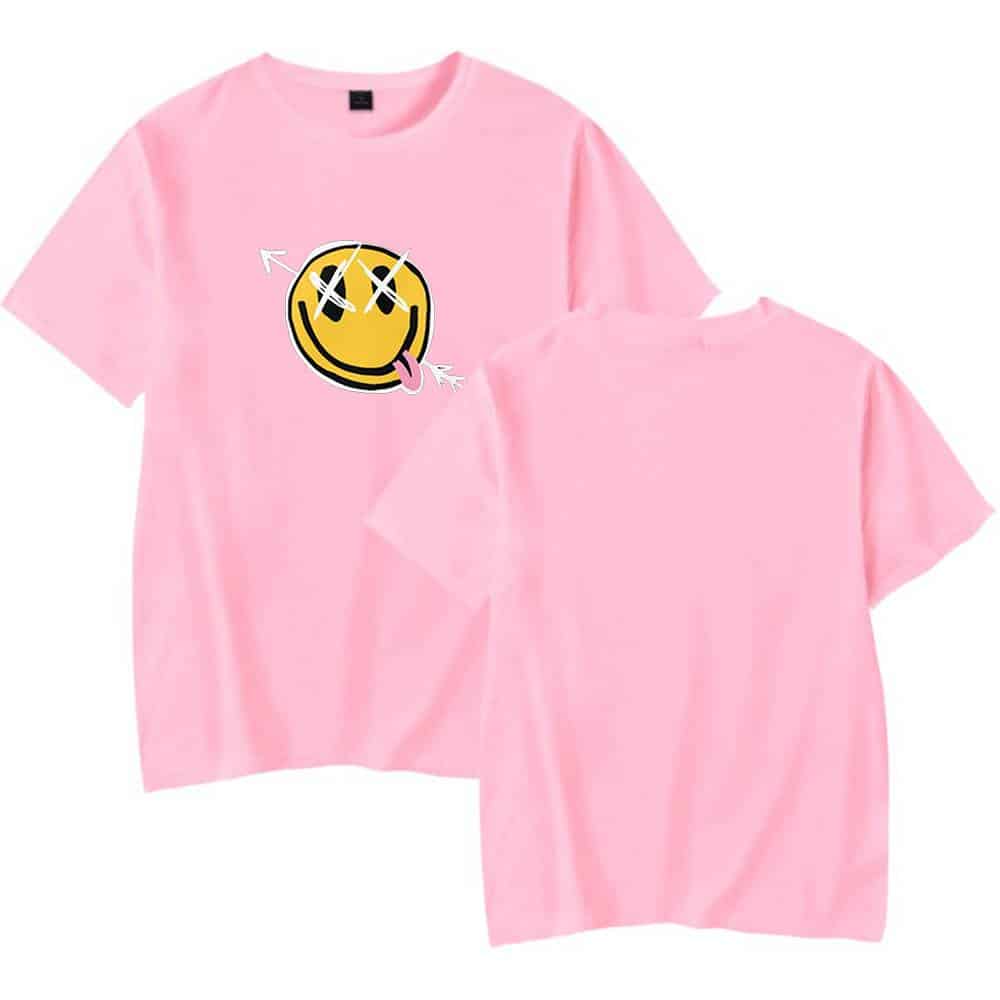 Smiley face graphic t-shirt with playful design, pink color, and edgy style inspired by Justin Bieber swag merchandise.