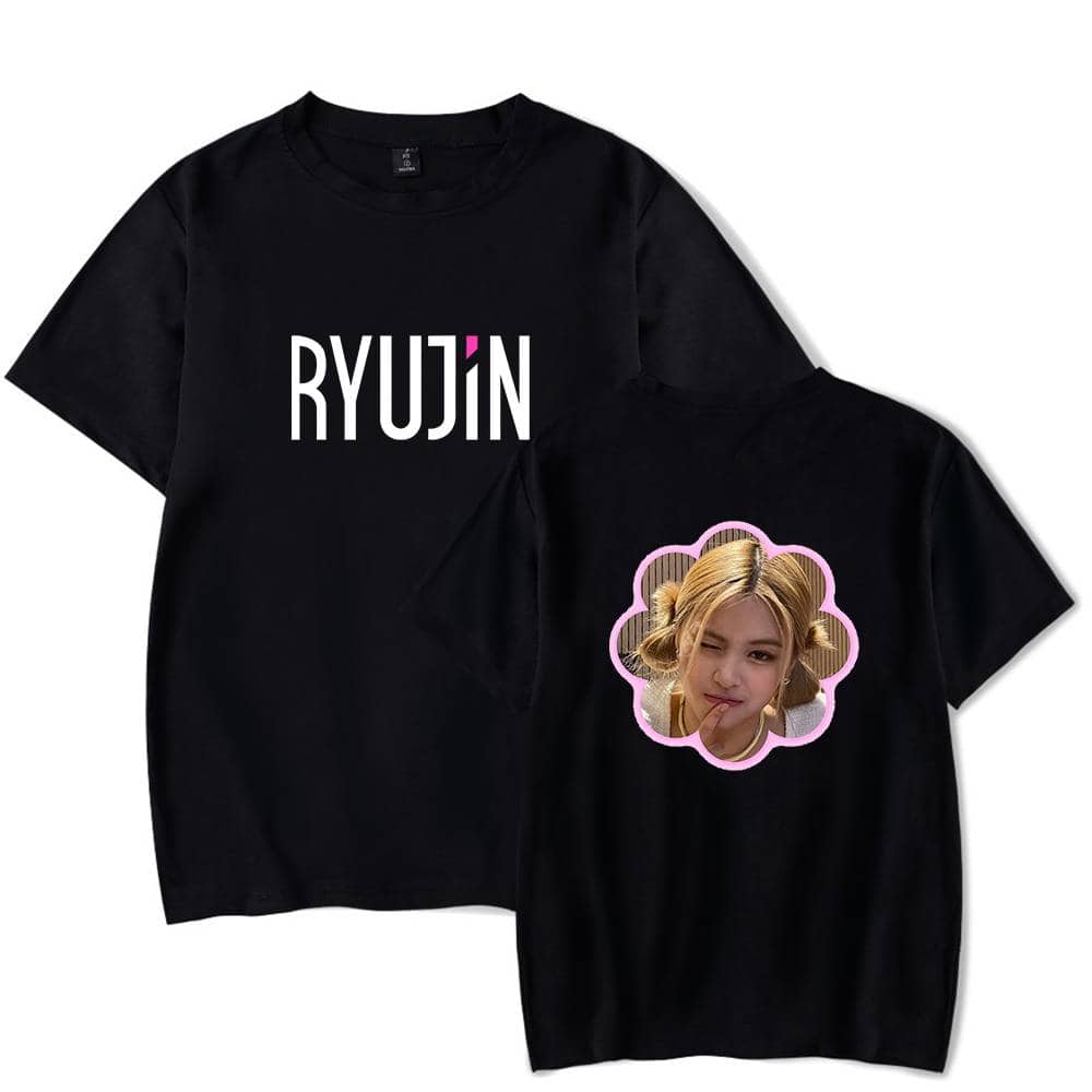RYUJN black T-shirt with bold white and pink graphic design featuring a female face and unique lettering for Justin Bieber swag merch.