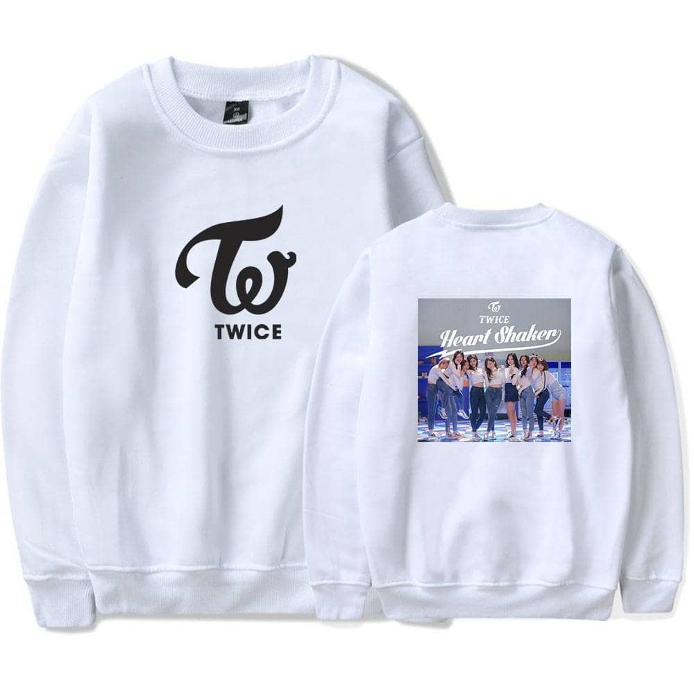Twice swag animated group photo sweatshirt, white, with TWICE logo and Heart Shaker design, perfect for K-pop fans, featuring members in stylish outfits.