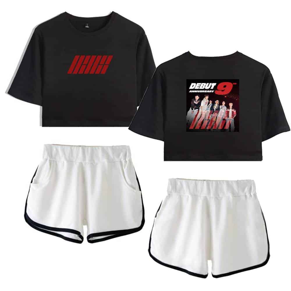 IHIP logo t-shirt and debut anniversary graphic crop top with white athletic shorts, trendy Justin Bieber swag merchandise.