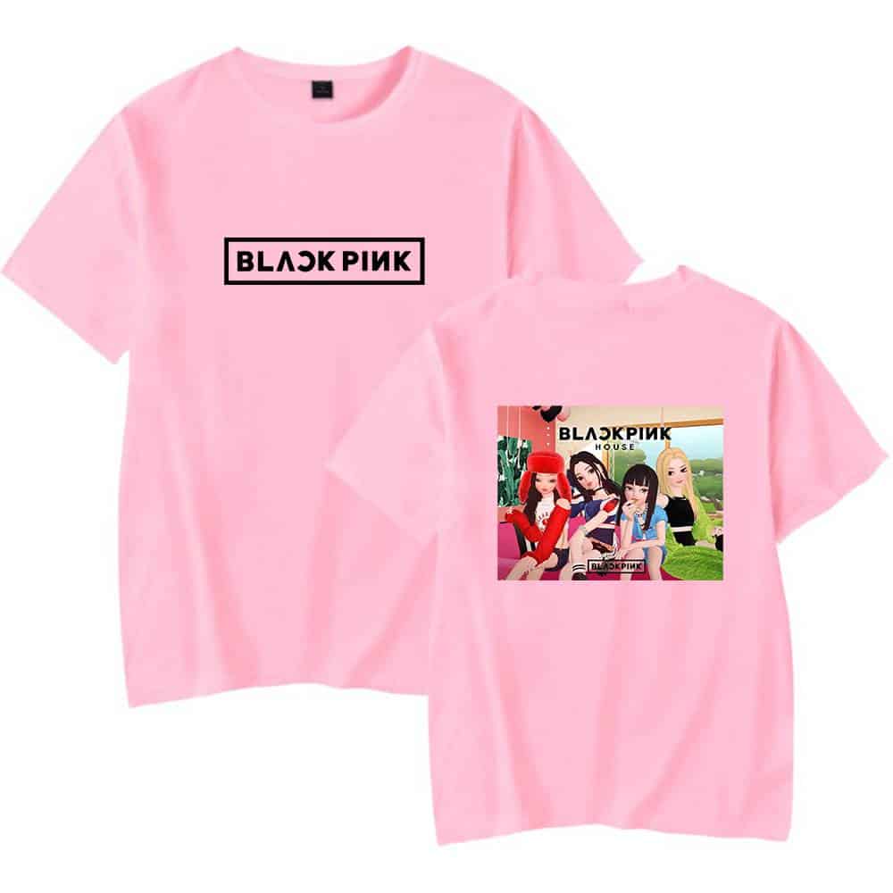 Pink BLACKPINK swag merch T-shirt with group photo print for fans of K-pop girl group. Comfortable casual wear featuring a trendy design perfect for music lovers and fashion enthusiasts.
