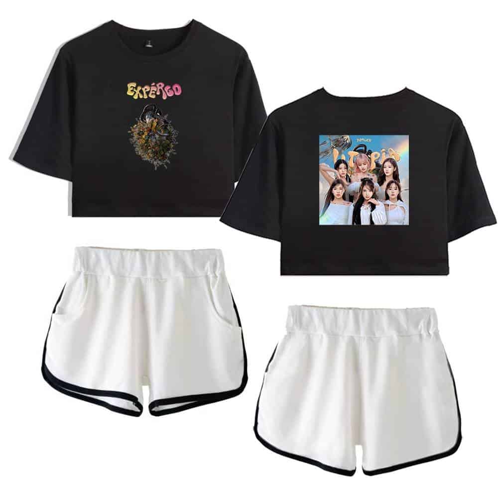 EXTRGO Justin Bieber swag merch black graphic crop top with colorful print and white sporty shorts with black trim, casual streetwear style, perfect for fans of pop and K-pop fashion trends.