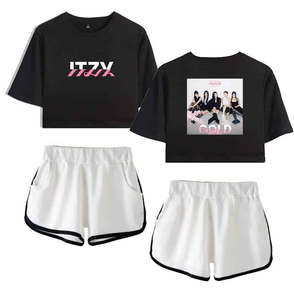 Justin Bieber swag merch black crop top with pink and white logo and a photo of girl group GOT7 on the back, paired with white athletic shorts outlined in black. Perfect for fans wanting stylish, trendy apparel.