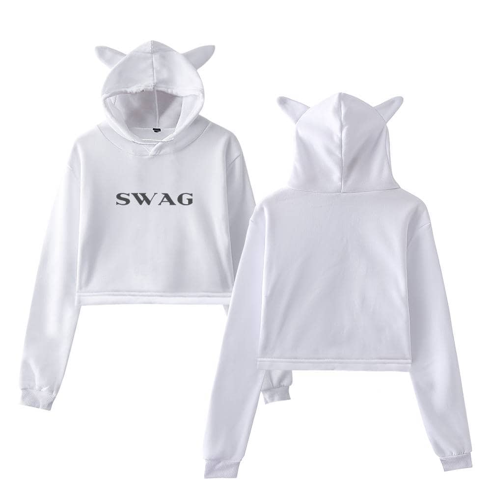 Sweatshirt and sweatpants set with a hood featuring cute unicorn ears, white with "SWAG" printed on the front, perfect for Justin Bieber swag merch fans.