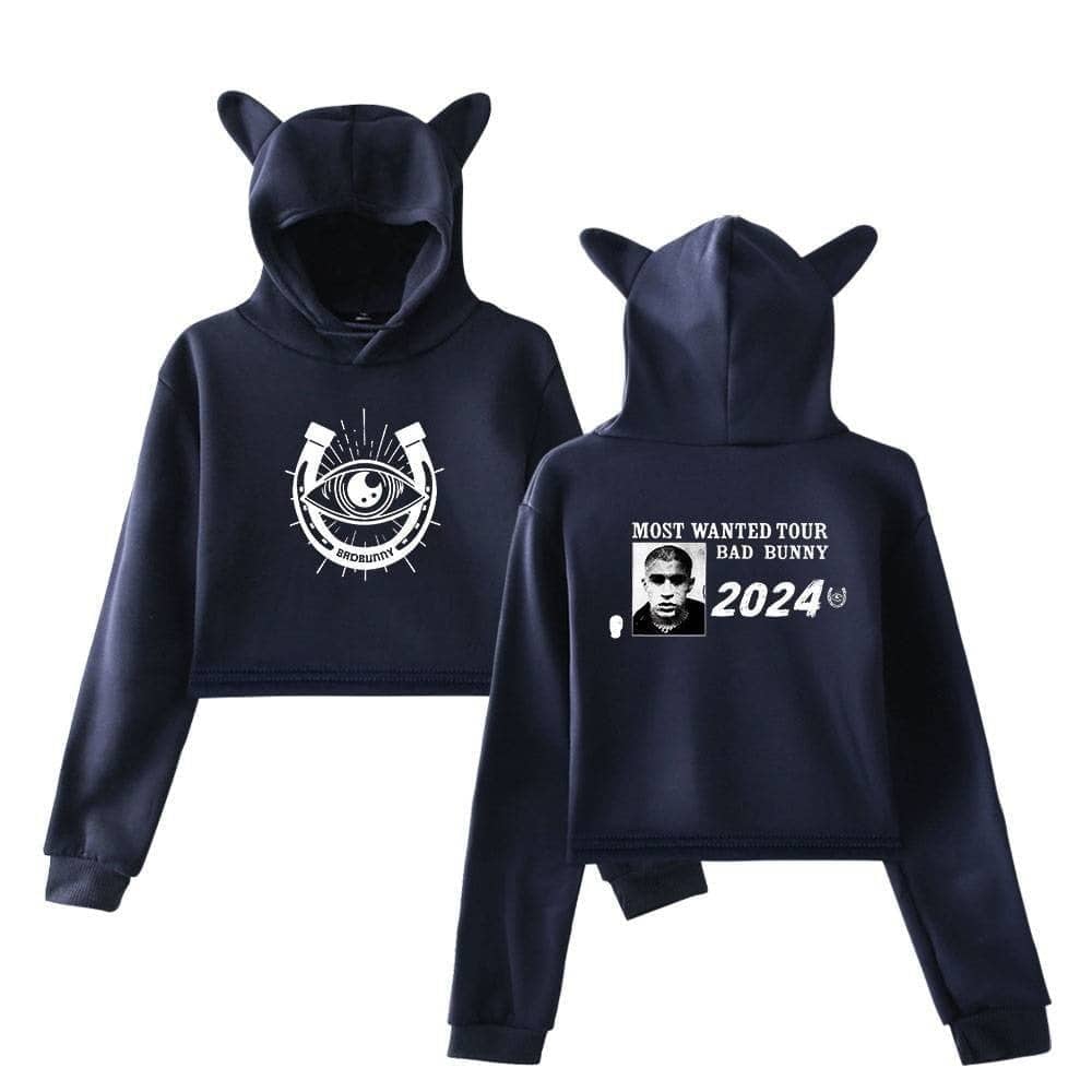 Hoodie with cat ears, eye design, and "BABYDUNNY" text on front; back features "MOST WANTED TOUR BAD BUNNY 2024" with a black-and-white photo of Bad Bunny; stylish and trendy Justin Bieber swag merch for fans.