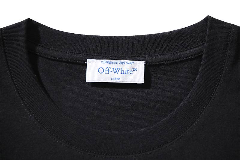 Black Off-White branded t-shirt featuring a minimalist design, perfect for streetwear and casual style. The shirt showcases modern fashion trends inspired by Justin Bieber's swag merch collection.