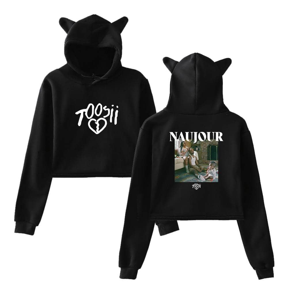 Black hoodie with Justin Bieber swag and graphic print, including cat ears on the hood, perfect for fans of Justin Bieber's trendy merch.