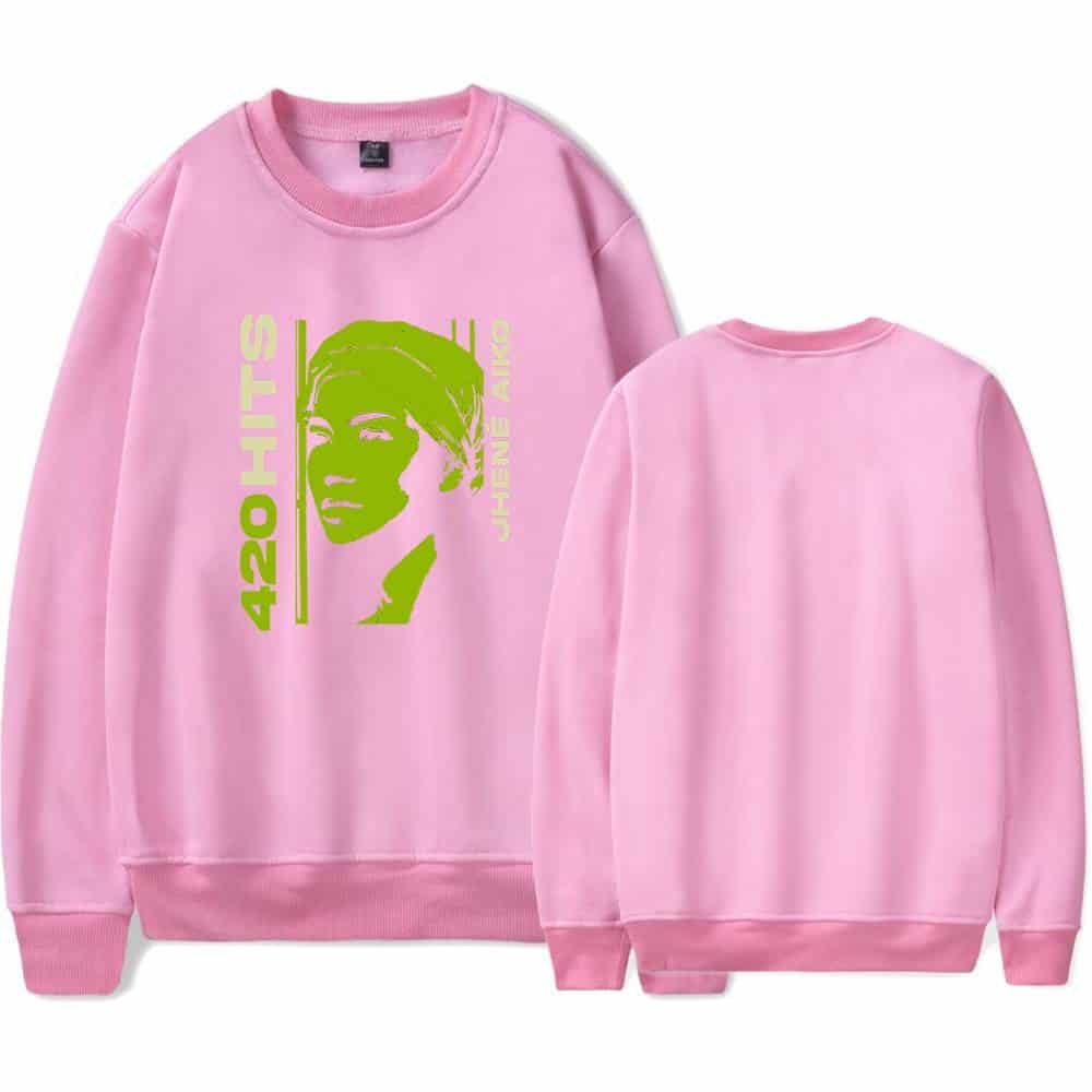 420 HITS Justin Bieber swag merch sweatshirt with a graphic print of a woman’s face and bold text design in neon green. Perfect for fans of Justin Bieber's stylish merchandise collection.