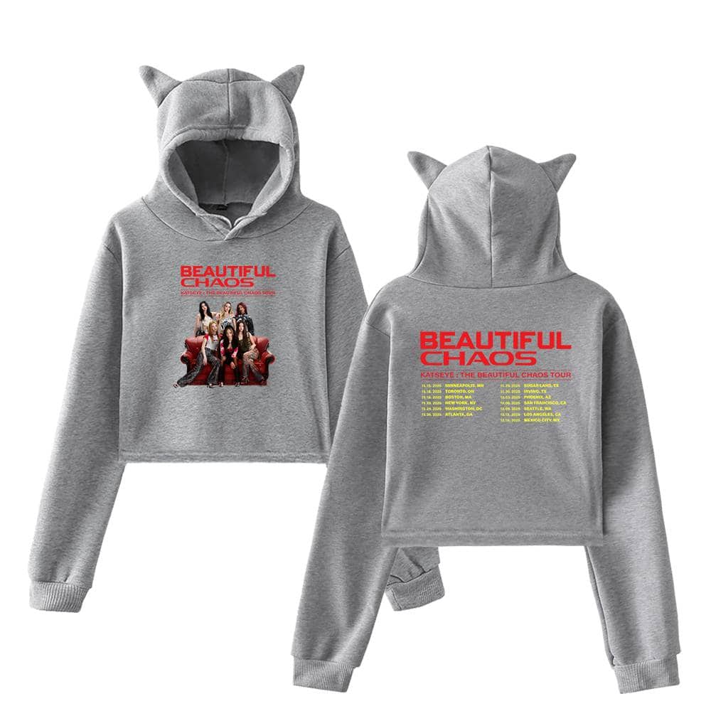 Vintage grey hoodie set featuring BTS members with "Beautiful Chaos" tour design, perfect for Justin Bieber swag merchandise fans who love concert-inspired apparel.