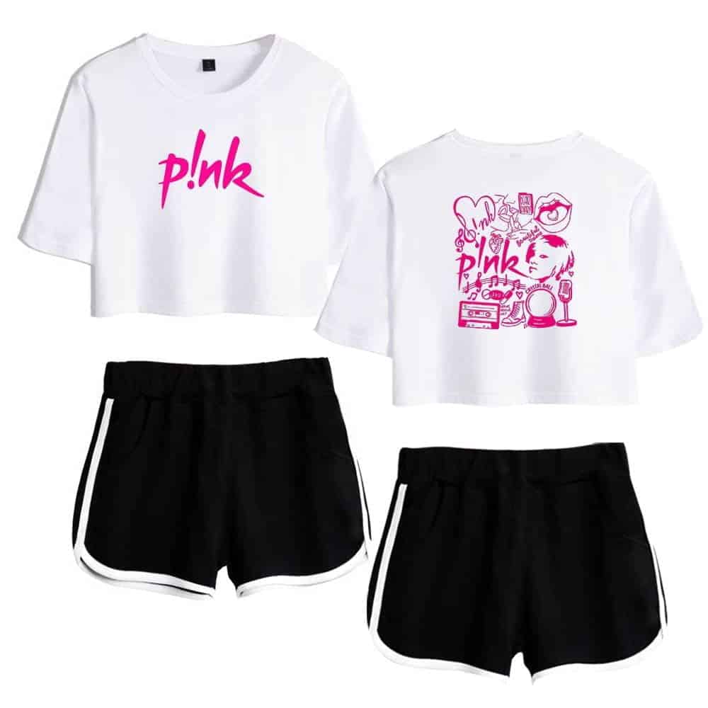 Pink logo crop top and graphic t-shirt pair with black athletic shorts with white trim. The outfits feature bold pink designs inspired by Justin Bieber swag merch styles. Trendy, casual, and youthful fashion for fans.