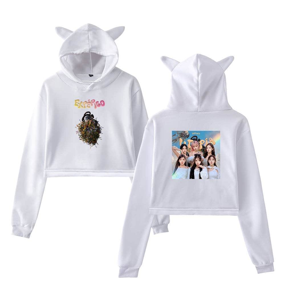 Pink and yellow "EXPERGO" graphic hoodie with a floral design on the front, and a group photo of a girl group with pastel colors on the back, featuring horned hood design.
