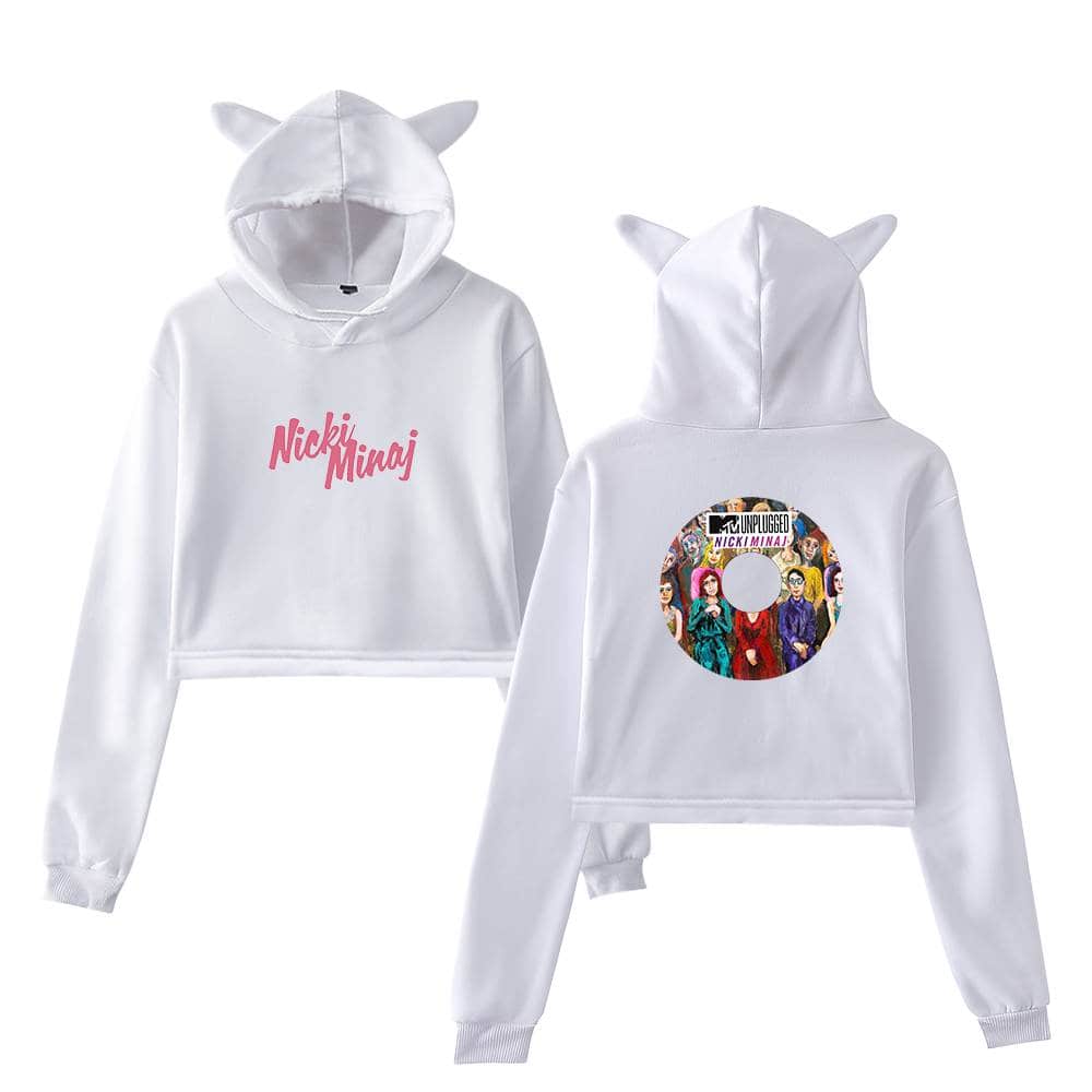 Nicki Minaj swag merch hoodie set with cat ears and colorful graphic design. Perfect for fans of Nicki Minaj's music and fashion style. Trendy, vibrant, and streetwear-inspired.
