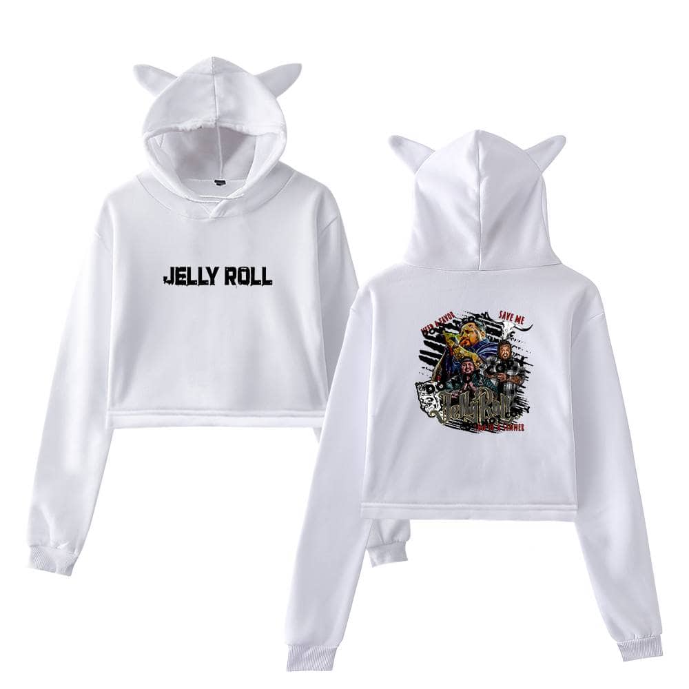 Jelly Roll hooded sweatshirt with cat ears, featuring bold text and vibrant graphic print inspired by Justin Bieber swag merch style.