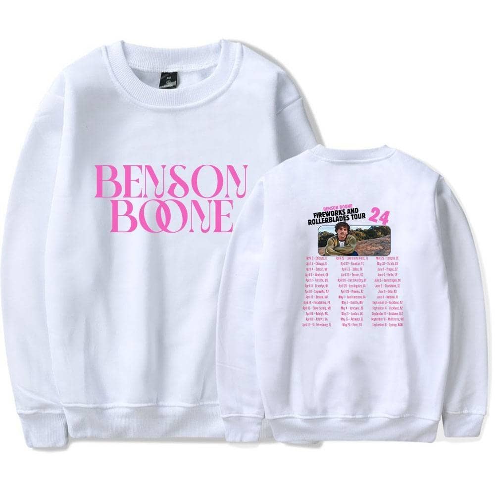 Benson Boone swag sweatshirt with bold pink text and tour schedule graphics featuring Justin Bieber-inspired streetwear style.