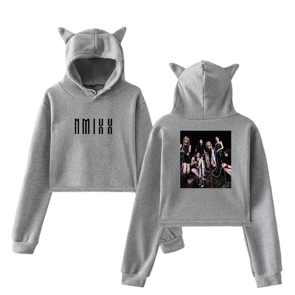 NMIXX sweatshirt set with cat ears hoodie and photo print back, stylish and trendy merchandise.