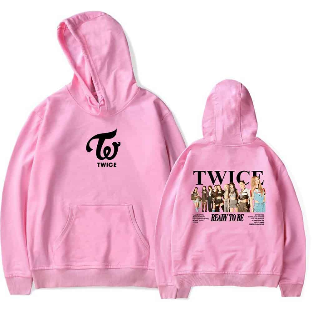 Pink TWICE Hoodie with group and logo graphics, inspired by Justin Bieber swag merch style, perfect for K-pop and pop fans.