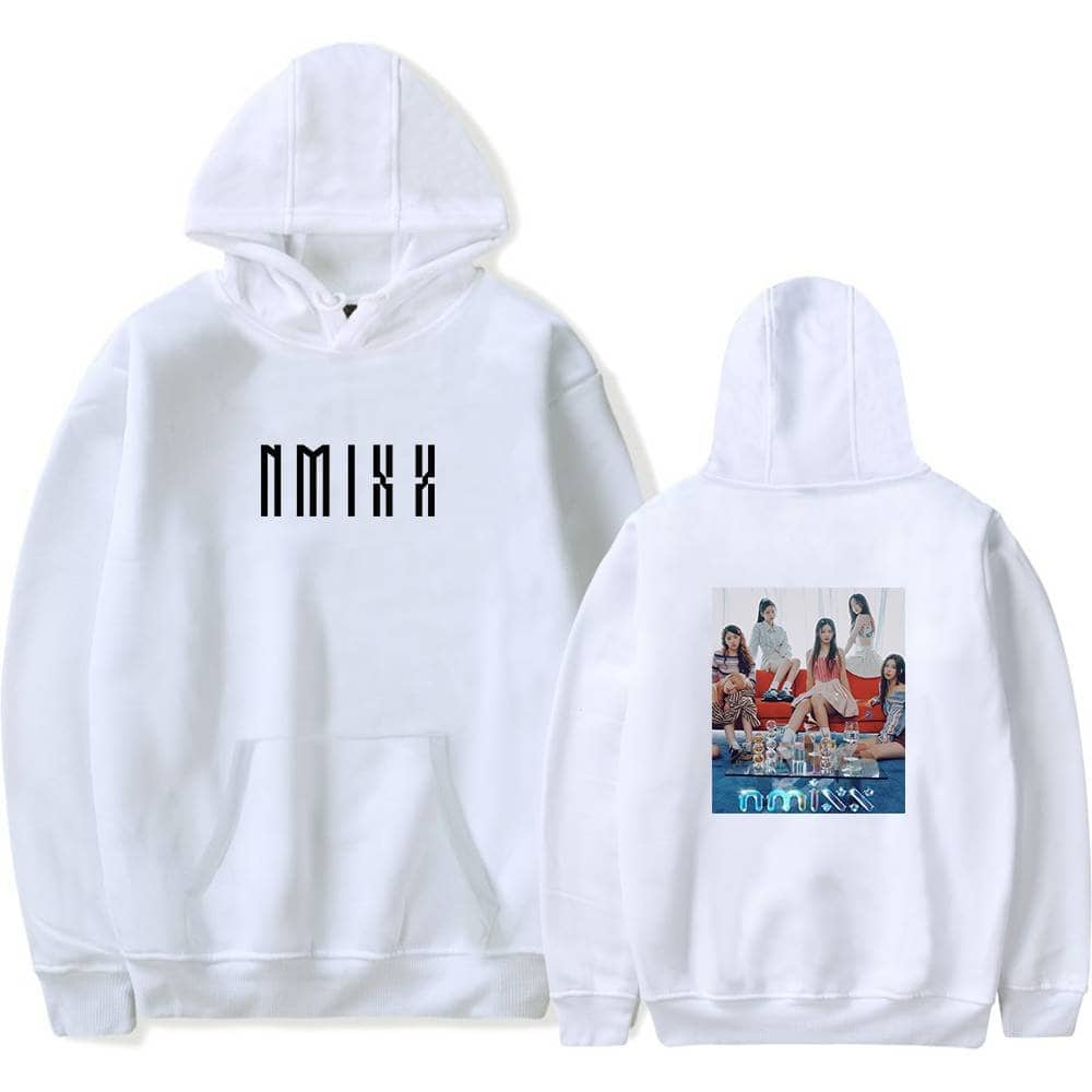 White hoodie featuring NMIXXX logo on the front and a colorful group photo of the girl group NMIXX on the back, perfect for fans of K-pop swag merch.