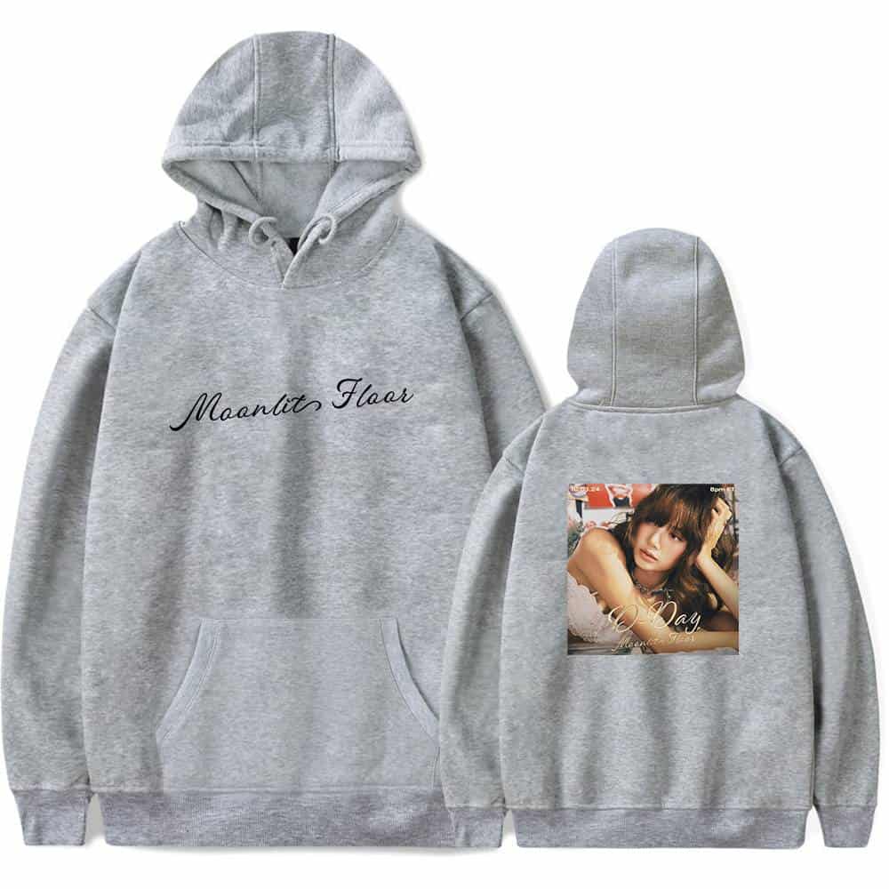 Moanlit Flaar gray hoodie with Justin Bieber swag merchandise print on the back and stylish script on the front. Perfect for fans of Justin Bieber's trendy and casual streetwear style.
