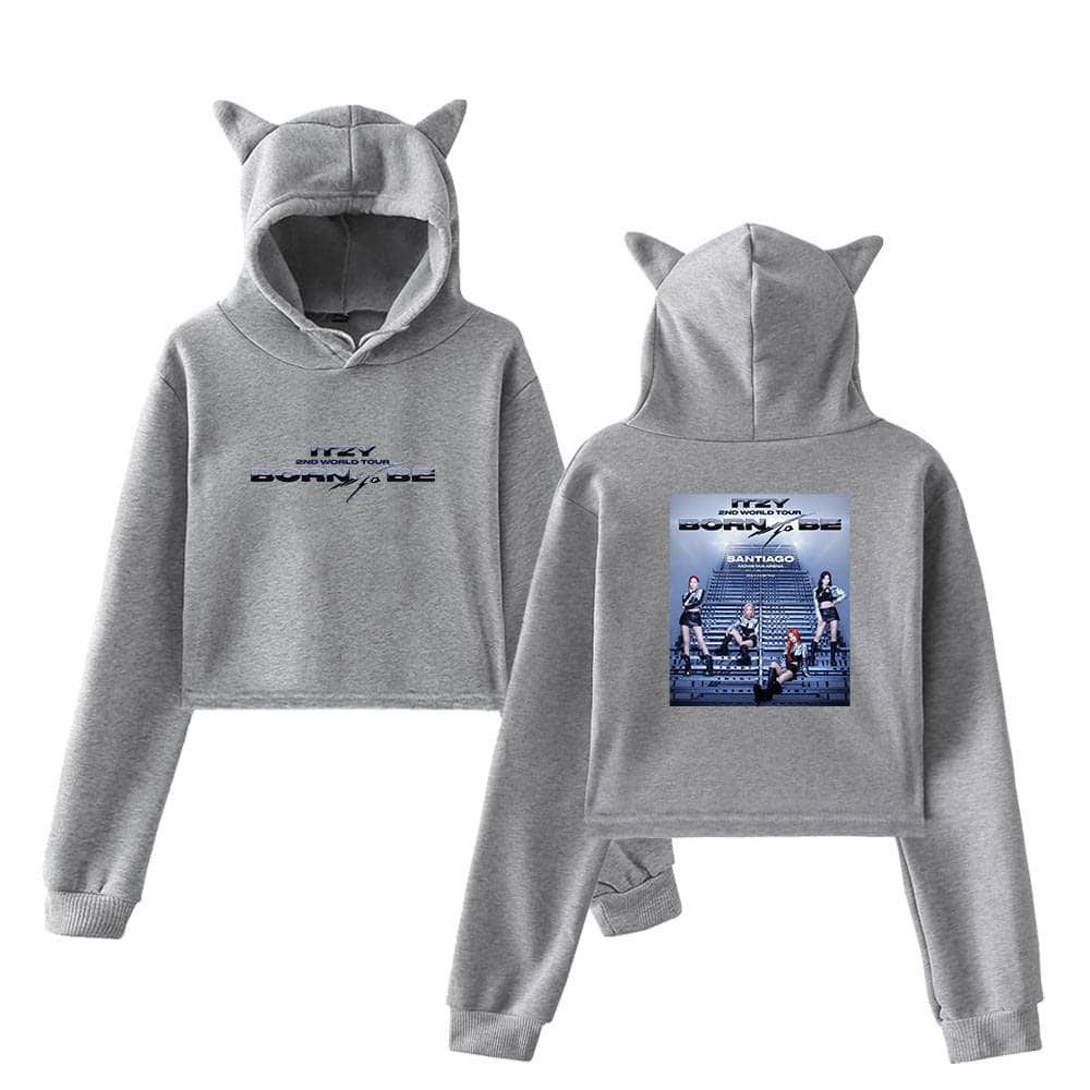 Grey hoodie and sweatpants set with cat ear hood design, inspired by Justin Bieber swag merch, perfect for fans of trendy, comfortable fashion with an edgy touch.