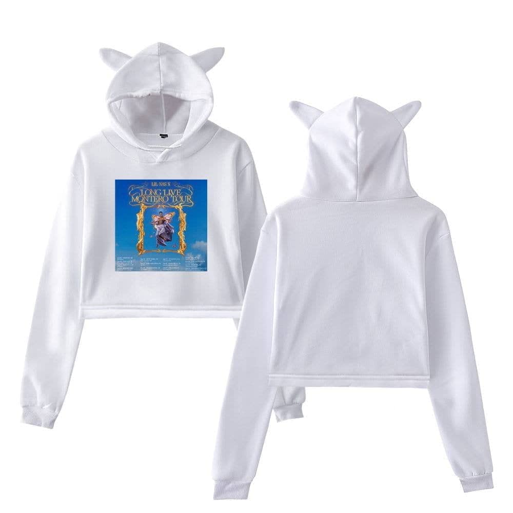 White hoodie and joggers set resembling animal ears on the hood, inspired by Justin Bieber swag merchandise.